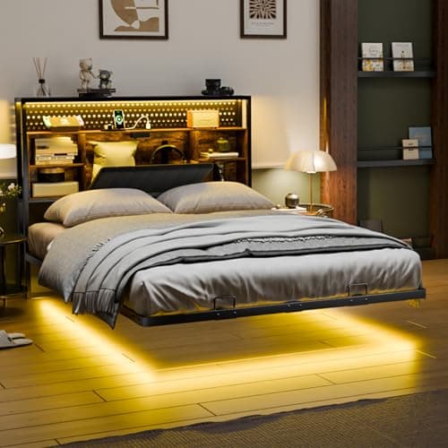 Image of Bonnlo 4ft6 Double Bed Frame with Upholstered Storage Headboard/Charging Station/LED Lights,Floating Metal Bed Frame-Under Bed Storage/Mattress Foundation/Duty Metal Slats/No Box Spring Needed,135x190