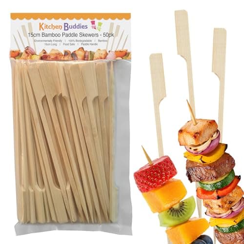 Image of 15cm Bamboo Paddle Skewers - Pack of 50 | Bamboo Cocktail Picks for Kebabs, Burgers, Appetisers, Fruit, BBQ & Crafts (50, 15cm / 6 Inch)