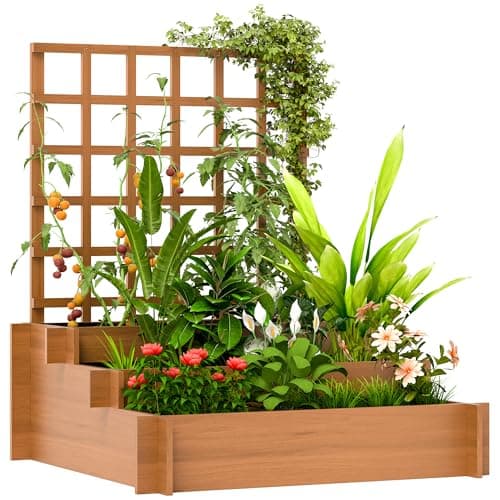 Image of Outsunny 3 Tier Planters with Trellis for Vine Climbing, Wooden Raised Beds for Garden Patio, Outdoor Planter Box for Vegetables, Flowers, Herbs, Brown