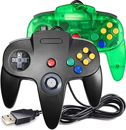 Image of 2 Pack Classic N64 Controller, miadore N64 Wired USB PC Game pad Joystick, N64 Bit USB Wired Game Stick Joy pad Controller for Windows PC MAC Linux Raspberry Pi 3 Sega Genesis (Clear Green/Black)