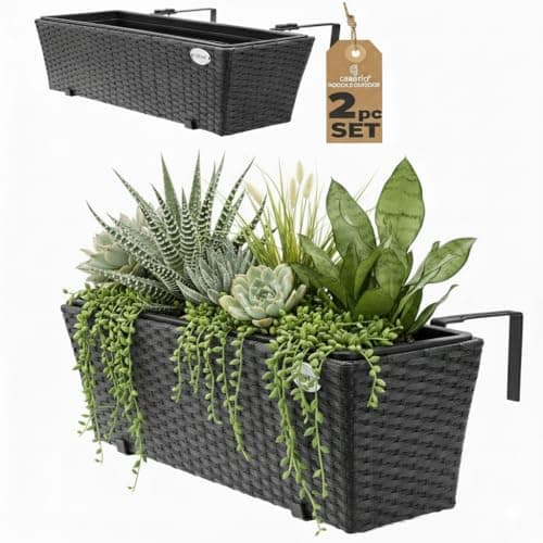Image of CASARIA® Set of 2 Flower Boxes | Weatherproof Rattan | Hangable with Mounting Brackets | Floating Planters Balcony | Windowsill | Railing | Gate | Fence | 60x20x19cm | 11 L | Black