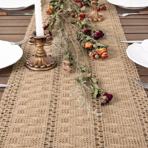 Image of Dremisland Boho Table Runner Macrame Farmhouse 72 Inch Burlap Jute Bamboo Coffee Table Runner Rustic Table Cover Dresser Scarf for Dining Kitchen Table Centerpiece Decor