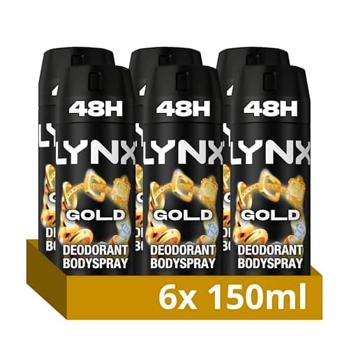 Image of Lynx Gold Aerosol Body Spray Men's Deodorant Spray with an oud wood & fresh vanilla scent for 48 hours of odour busting, high defnition fragrance 6x 150 ml