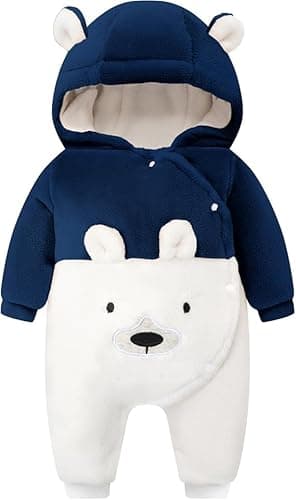 Image of JiAmy Baby Winter Snowsuit, Girls and Boys Hooded Warm Romper, Newborn Baby Flannel Bear Clothes Jumpsuit Toddler Coat Jumpsuit for 3-6 Months