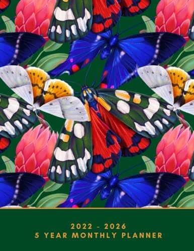Image of 2022-2026 5 Year Monthly Planner: Butterflies & Protea's Green Planner with Monthly Dated Monthly Agenda Organizer January 2022 - December 2026