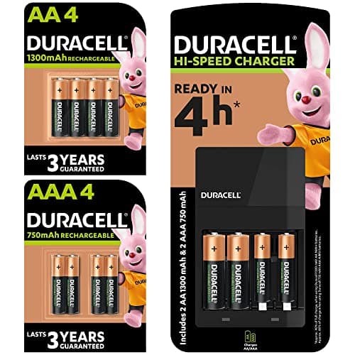 Image of Duracell 4 hours Battery Charger with Rechargeable AA and AAA Batteries (Pack of 6 + 6), 1300mAh NiMH, 750mAh NiMH, pre-charged, Longest Lasting Power