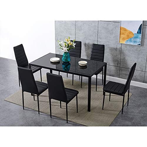 Image of Panana Glass Dining Table and Faux Leather Chairs Dining Room Kitchen Furniture Set (Table140cm + 6 Black Chairs)