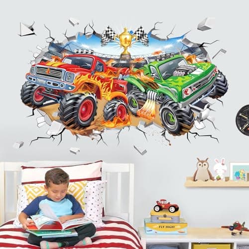 Image of wondever Large 3D Racing Car Wall Stickers Vehicles Truck Break Through Peel and Stick Wall Art Decals for Boys Room Kids Bedroom Playroom