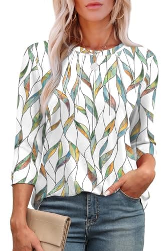 Image of Aokosor Womens 3/4 Sleeve Tops Ladies Blouses Crew Neck Pleated Shirts Fashion Dressy Tunic Blouses Size 10-12 Colorful Leaf