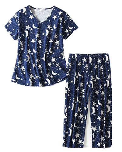 Image of CHUNG Women Cotton Blend Pyjamas Set Short Sleeve Top Capri Pants Plus Size S-3XL Sleepwear Nighties Navy Star,2XL
