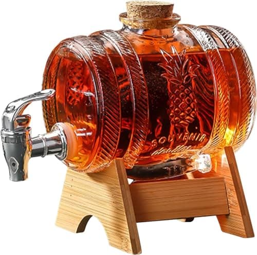 Image of Whiskey Decanter with Wooden Stand 3000ml Drink Dispenser for Wine,Glass Wine Barrel with tap for Scotch Bourbon Vodka Rum and Liquor Party Drink,Gifts for Boyfriend,Husband,Father