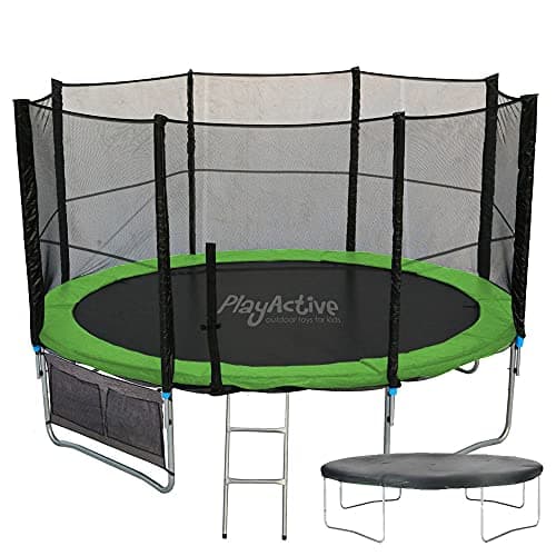 Image of PlayActive 6ft / 8ft / 10ft / 12ft / 14ft / 16ft Kids Trampoline with Safety Enclosure Net, Ladder, Weatherproof Cover, Shoe Bag Included… (Green, 10ft)