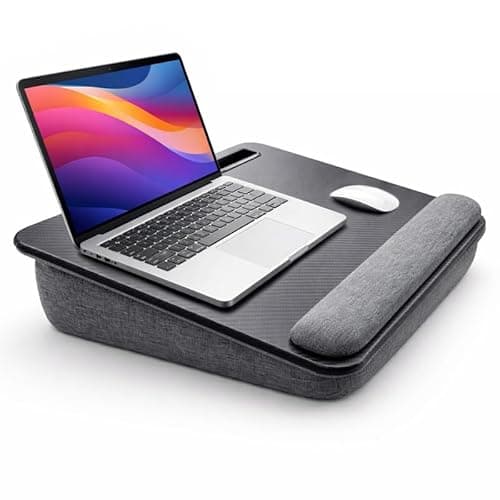 Image of Portable Laptop Tray | Wood Table with Cushioned Bottom | Slot for Phone iPad Tablet | Lightweight Laptop Stand for Comfortable Work Home Office, Sofa, Bed | Wrist Cushion