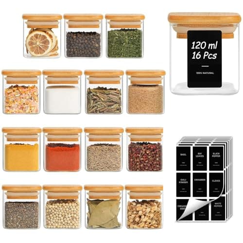 Image of ComSaf 16 Pcs Glass Spice Jars with Bamboo Lids, 120ml Square Seasoning Jars with Black Labels, Airtight Small Spice Jars with Lids and Labels, Glass Container for Spice, Salt, Sugar, Seeds, Nuts etc