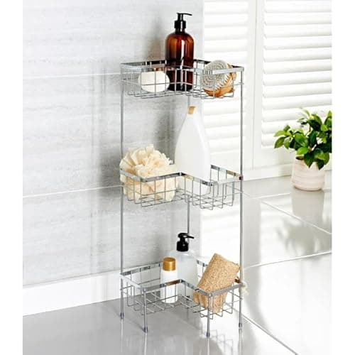 Image of rightclick 3-Tier Bathroom Storage Caddy Freestanding shower saddy bathroom storage Shower Basket Caddy Toilet Storage Holder Metal Shower Shelf bathroom Organiser for Toiletries. 22x22x64cm (Chrome)
