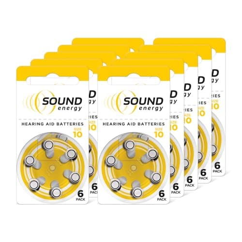 Image of Energizer Sound Energy - Hearing Aid Batteries Size 10 (60 Pack) – Long Lasting Zinc Air Power - Easy Installation - Mercury & Cadmium Free - Made in UK - 4 Year Shelf Life [Amazon Exclusive]