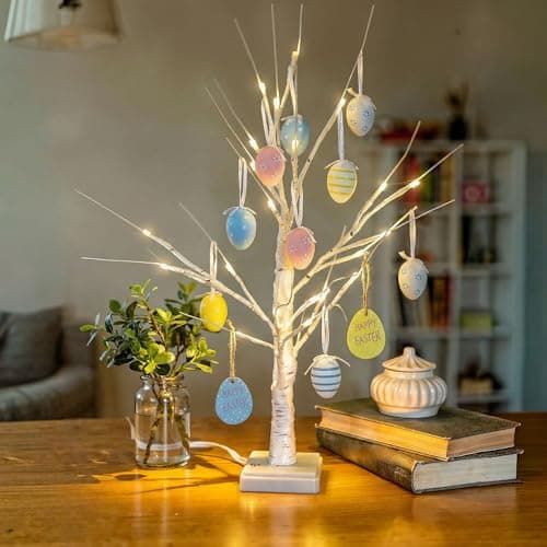 Image of REDSTAR White Easter Tree with Lights and Hanging Easter Egg Decorations - Micro USB or Battery Operated 60cm Tabletop White Twig Tree with Lights and Hanging Egg Decorations