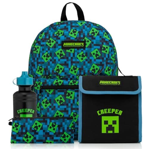Image of Minecraft Kids Backpack 4 Piece School Set Including Lunch Bag, Water Bottle and Pencil Case (Green)