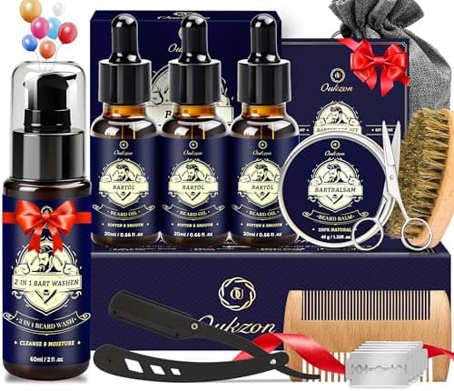 Image of Oukzon Beard Grooming Kit for Men, 11 in 1 Beard Care Set w/Beard Wash & Conditioner 60ML, 3 Beard Oil, Beard Balm, Beard Brush, Straight Razor, Stocking Fillers Christmas Gifts for Men, Dad, Him