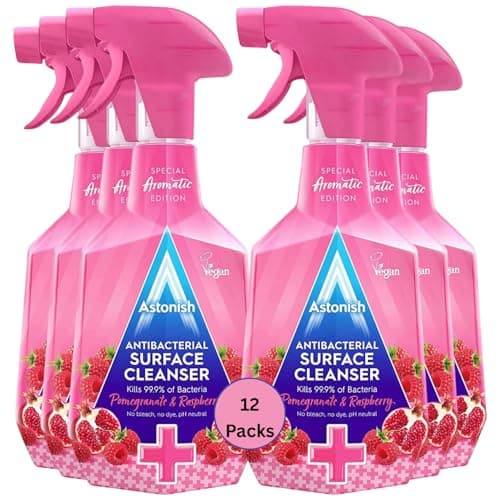 Image of Astonish Antibacterial Surface Cleanser, 750ml, Pink, X12 Pack, Multi-Purpose Disinfectant Spray, Kills 99.9% Germs, for Kitchen, Bathroom, Home, Vegan, Cruelty-Free, Fast-Acting Cleaning Spray