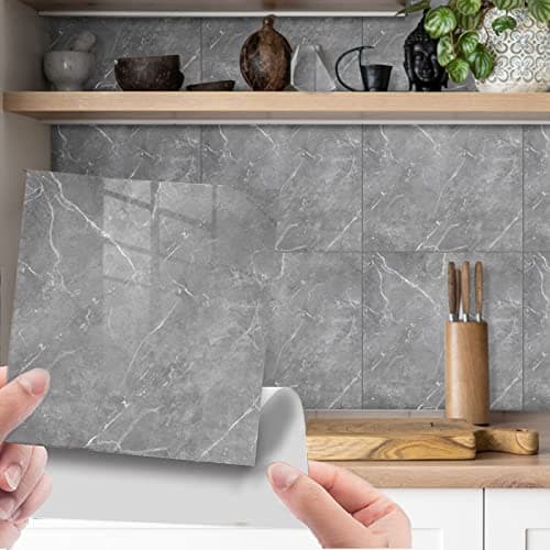 Image of Fantasnight Marble Stick on Tiles 30 x 30cm 10Pcs, Grey Tile Stickers Self Adhesive Wall Tiles, PET Peel and Stick Wall Glossy Stickers for Kitchen Bathroom