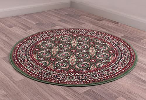 Image of Lord of Rugs Traditional Esta Rug Bordered Oriental Floral Rug for Living Room Bedroom Lounge Home Decor Classic Green Round 120x120 cm (4x4') Circle