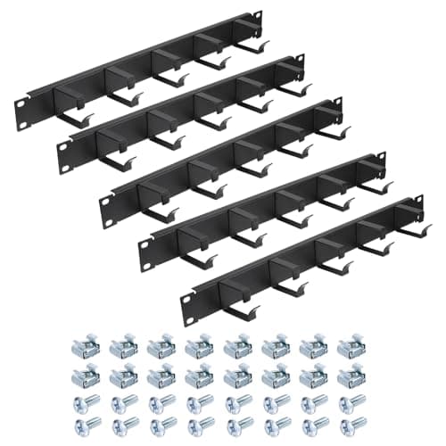 Image of PATIKIL 1U 5 D-Ring Cable Manager, 5 Pack 19-Inch Metal Horizontal Rack Mount Metal Server Rack Wire Management for Racks, Server Cabinets, Black