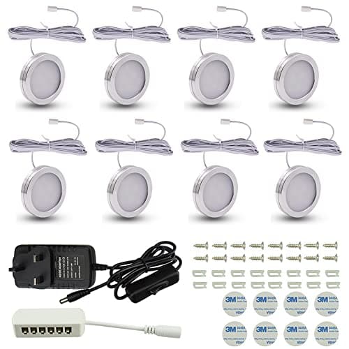 Image of GQL 12V Under Cabinet Light Kit Wired, 1500 Lumens, LED Puck Lights Disc Lighting for Kitchen, Counter, Closet, Cupboard, Shelf (Warm White (3000K), Set of 8)