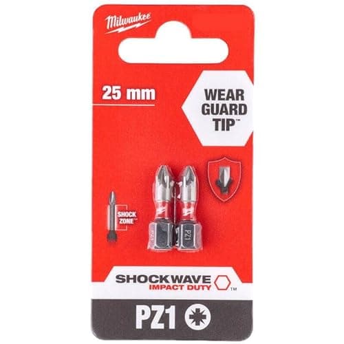Image of Milwaukee Shockwave Impact Duty Pozi Screwdriver Bits PZ1 25mm Pack of 2, Variety pack