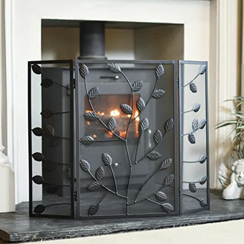 Image of Black Rectangular Three Fold 62cm Fireguard Fire Screen with Leaf Pattern – Classic Style Mesh Guard for Log Burners & Open Fires – Spark & Debris Protection