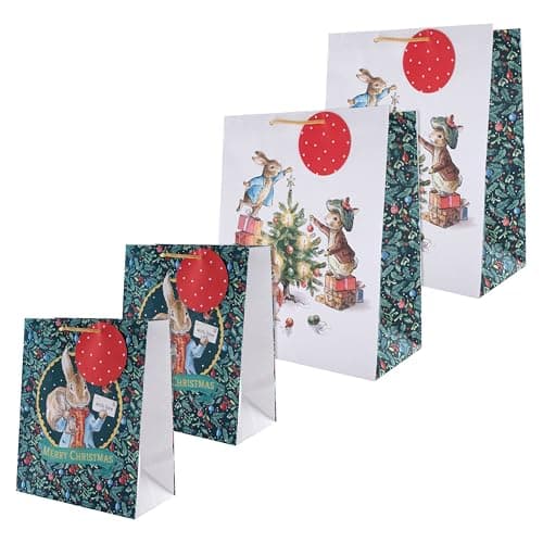 Image of Hallmark Peter Rabbit Gift Bags, Pack of 4, 2 Large (33cm x 26.5cm x 14.6cm), 2 Medium (24.3cm x 19.6cm x 11cm), Christmas, Benjamin Bunny, Flopsy Bunny, Beatrix Potter, Festive