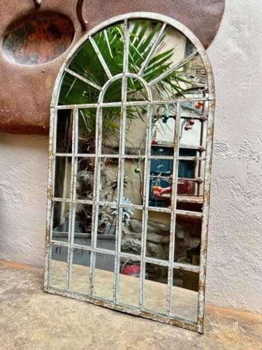 Image of Arch Window Mirror, Rustic Distressed Curved Arch Metal Frame Indoor Outdoor 60cm White Cream Curved Decorative Garden Mirror