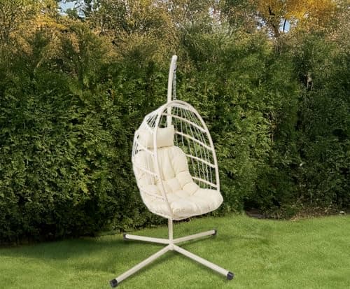 Image of OHS Hanging Egg Chair Cream, Rattan Swing Chair Wicker Hammock with Stand Garden Swing Indoor Outdoor Patio Furniture Relaxing Comfy Foldable Egg Chair with Cushion Included