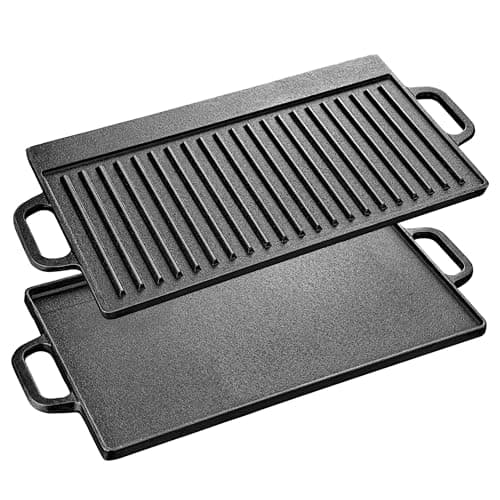 Image of Velaze Cast Iron Griddle Pan with Handles, BBQ Griddle pan Double Sided Pre-Seasoned, for Gas Grill and Electric Grill, Grill Pan for BBQ, Camping, Garden - 50 x 23cm