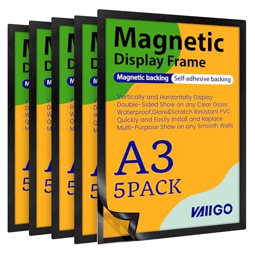 Image of VAIIGO A3 Self-Adhesive Magnetic Display Frame, Magnetic Paper Holder with Strong Magentic Border, Fridge Magnetic Frame for Wall, Door, Tile, Refrigerator, Cupboard, Window Sign Holder(5Pack, Black)