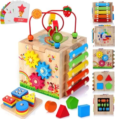 Image of HELLOWOOD Wooden Activity Cube Baby Toys, 8-in-1 Montessori Educational Toy Set, Bead Maze Shape Sorter Abacus Xylophone Words & Clock Learning, STEM Toys for Boys Girls Toys for 1 2 3 years old