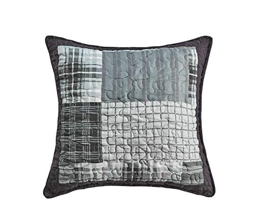 Image of PHP Patchwork Cushion Cover with Filling Box Pattern Reversible Quilted Sofa Bed Throw for Living Room Bedroom Decor - Filled Cushions 43 x 43 cm Denim Grey