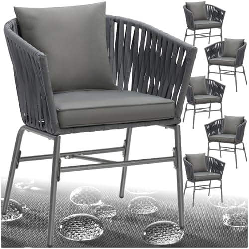 Image of tectake® Set of 6 Garden Chairs in Modern Rope Design with Thick Cushions & Water-Repellent Covers, Armchair Set with Sturdy Steel Frame, Ideal Patio, Balcony & Garden Furniture Set - Dark Grey
