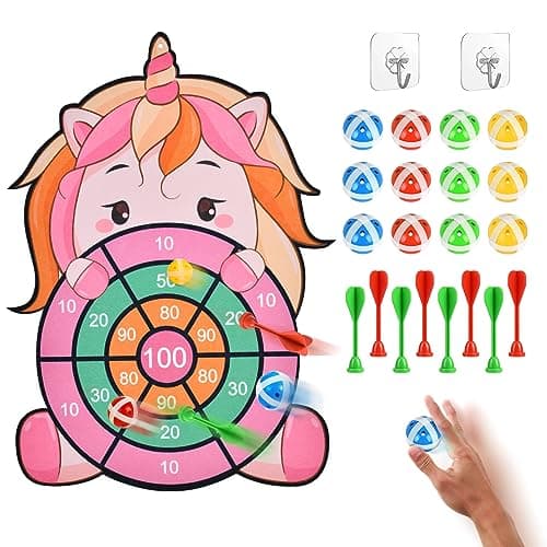 Image of Vicloon Unicorn Dart Board, Kids Dartboards with 12 Sticky Balls, 8 Self-adhesive Darts Foldable Kdis Dart Board Game Set Kids Birthday Indoor & Outdoor Party Games Toys Gifts (Unicorn)