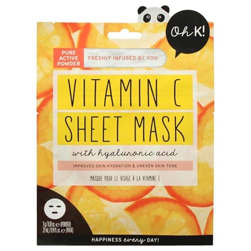 Image of Oh K! Vitamin C Sheet Mask for Dry and Dehydrated Skin, with added Hyaluronic Acid, Brightening Face Mask, Biodegradable, Vegan and Cruelty Free, 41g