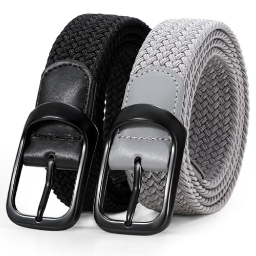 Image of WERFORU 2 Pack Stretch Woven Belts Men's Elastic Braided Belt 1 3/8 Casual Golf Belt for Jeans Pants Black+Grey