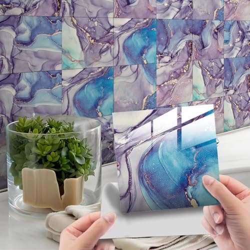 Image of HORIWE Tile Stickers Marble Adhesive Tile Art Wall Decal Sticker DIY Kitchen Bathroom Backsplash Home Decor PVC Waterproof Oil Proof New 8x8 Inches 20pc