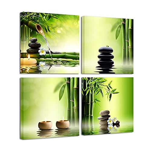 Image of Wieco Art - Modern 4 Panels Stretched and Framed Contemporary Zen Giclee Canvas Prints Perfect Bamboo Green Pictures Paintings on Canvas Wall Art for Home Office Decorations Living Room Bedroom