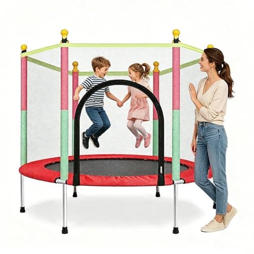 Image of Gziztx Trampoline Outdoor 140cm Indoor Toddler Trampoline Mini Kids Trampoline with Safety Enclosure Net, 36 Springs,Backyard Garden Fun for 3-8 Years Old,Red