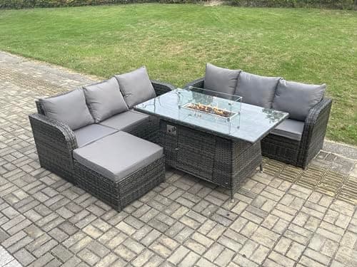 Image of FMSGarden Rattan Garden Furniture Set with Fire Pit Table 7 Seater Outdoor Patio Lounge Sofa Set Dark Grey Mixed