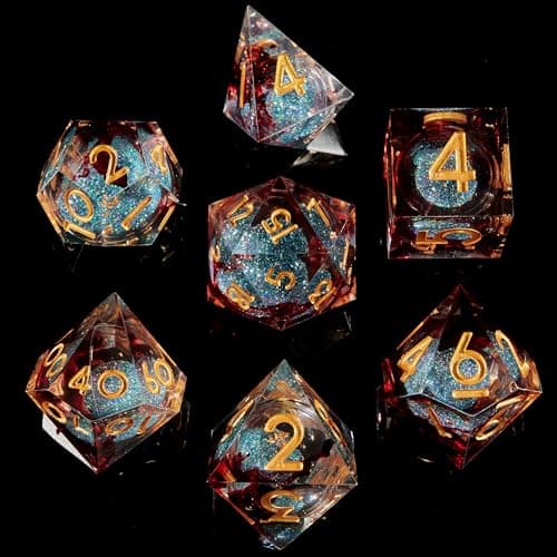 Image of DND-Blue Flow Sand & Golden,DND Dice Set Handmade 7 Accessories Sharp Edge Dice for Dungeons and Dragons TTRPG Games, Multi-Sided RPG Polyhedral Resin Sharp Edge Dice Roleplaying Games