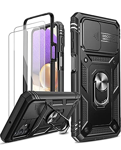 Image of LeYi for Samsung Galaxy A32 5G Case with Slide Camera Cover and 2 Tempered Glass Screen Protector,Ring Holder Full Body Protective Heavy Duty Shockproof Silicone Tough Hard Armour Phone Cover, Black