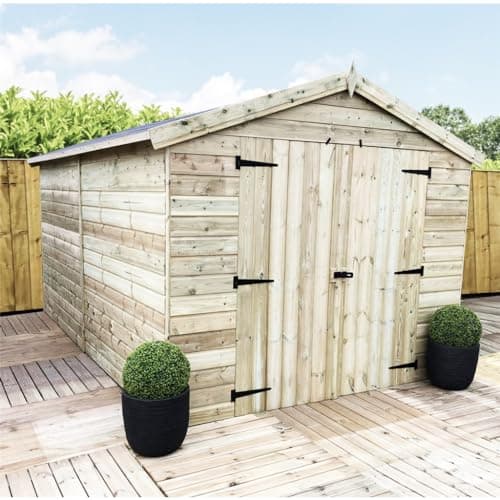 Image of 10 x 8 Windowless Premier Pressure Treated Tongue And Groove Apex Shed With Higher Eaves And Ridge Height And Double Doors - 12mm Tongue and Groove Walls, Floor and Roof (10' x 8' / 10ft x 8ft)