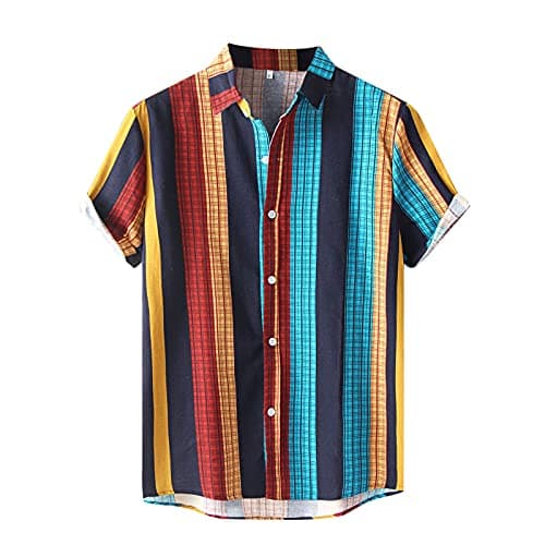 Image of Mens Short Sleeved Shirts Summer,Short Casual Men's Shirt Button Check Fashion Sleeve Stripe Print Turn-Down Men Shirts (Blue, L)