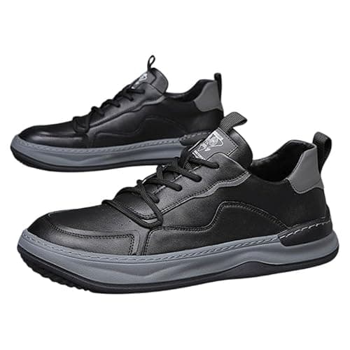 Image of Men's Leather Sneakers, Genuine Leather Upper, Rubber Sole, Soft Cushioning, Stitched Craft, Removable Insole, Casual Sports Shoes for Walking Running Gym Daily Wear Black